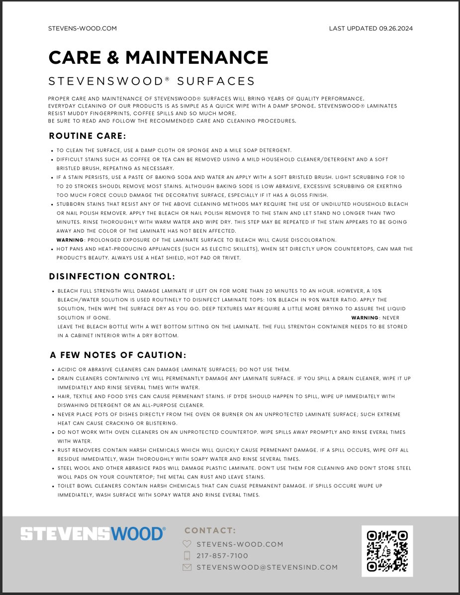 Screenshot of Care and Maintenance document