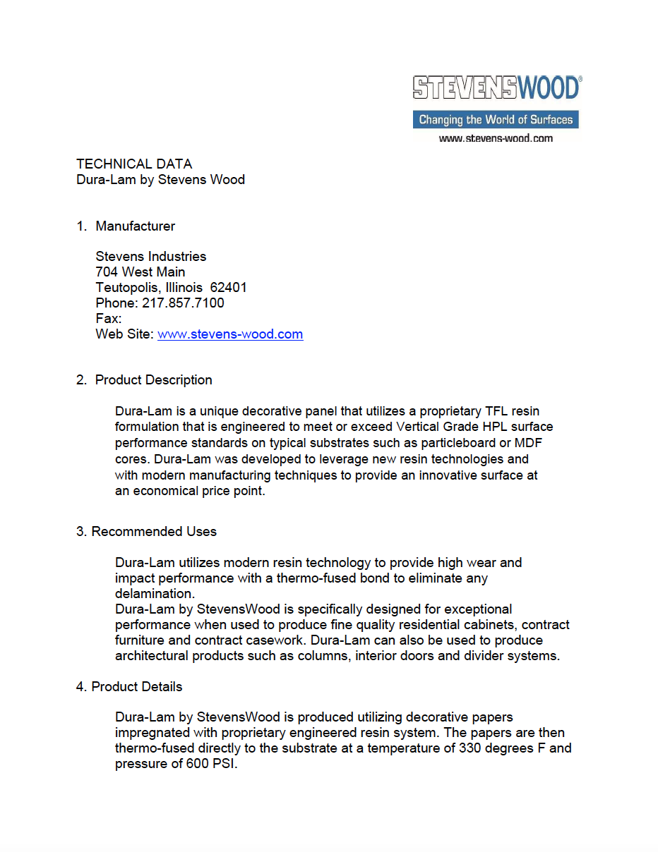 STEVENSWOOD® Dura-Lam Collection Technical Data Sheet
