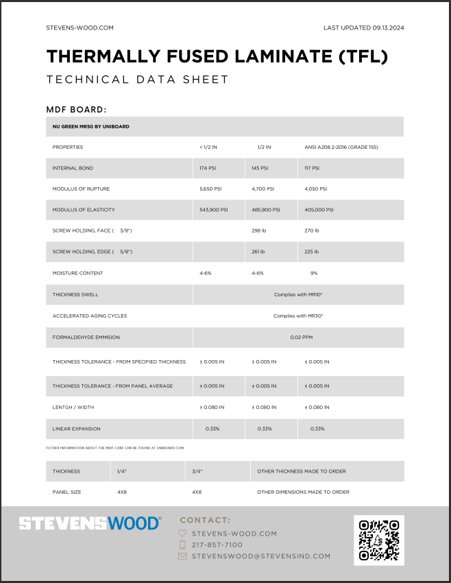 Technical Data Sheet for MDF Thermally Fused Laminate screenshot