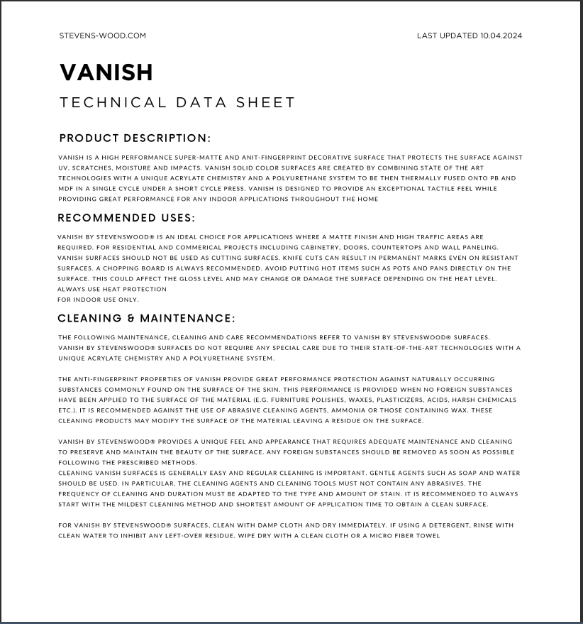 STEVENSWOOD® Vanish Collection Technical Data Sheet